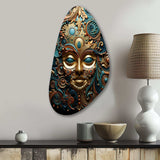 Gold Teal Mexico Vibrant Aztec Mask II - Asymmetric Metal Wall Art