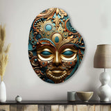 Gold Teal Mexico Vibrant Aztec Mask II - Asymmetric Metal Wall Art