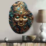 Gold Teal Mexico Vibrant Aztec Mask II - Asymmetric Metal Wall Art