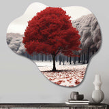 Red And Grey Tree Solitude I - Asymmetric Metal Wall Art