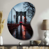 Red Grey New York Brooklyn Bridge I - Asymmetric Metal Wall Art