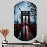 Red Grey New York Brooklyn Bridge I - Asymmetric Metal Wall Art