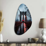 Red Grey New York Brooklyn Bridge I - Asymmetric Metal Wall Art