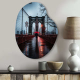 Red Grey New York Brooklyn Bridge I - Asymmetric Metal Wall Art