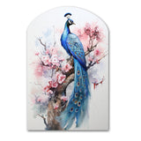 Blue Pink Peacock Watercolor I - Asymmetric Metal Wall Art