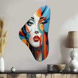 Pop Art Woman Portrait In Blue And Orange - Asymmetric Metal Wall Art