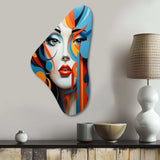 Pop Art Woman Portrait In Blue And Orange - Asymmetric Metal Wall Art