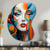 Pop Art Woman Portrait In Blue And Orange - Asymmetric Metal Wall Art