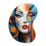 Pop Art Woman Portrait In Blue And Orange - Asymmetric Metal Wall Art