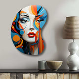 Pop Art Woman Portrait In Blue And Orange - Asymmetric Metal Wall Art