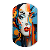 Pop Art Woman Portrait In Blue And Orange - Asymmetric Metal Wall Art