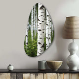 White Green Birch Tree Whispers III - Asymmetric Metal Wall Art