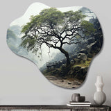 Green Tree Monochrome Elegance - Asymmetric Metal Wall Art