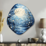 Blue White Tree Moonlit Silhouette I - Asymmetric Metal Wall Art