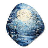 Blue White Tree Moonlit Silhouette I - Asymmetric Metal Wall Art