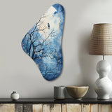 Blue White Tree Moonlit Silhouette II - Asymmetric Metal Wall Art