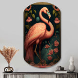 Vintage Pink Flamingo With Roses - Asymmetric Metal Wall Art