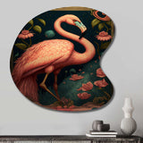 Vintage Pink Flamingo With Roses - Asymmetric Metal Wall Art