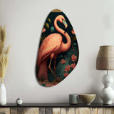 Vintage Pink Flamingo With Roses - Asymmetric Metal Wall Art