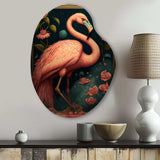 Vintage Pink Flamingo With Roses - Asymmetric Metal Wall Art