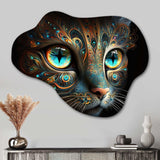 Luminous Blue Space Cat With Blue Eyes III - Asymmetric Metal Wall Art