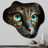 Luminous Blue Space Cat With Blue Eyes III - Asymmetric Metal Wall Art