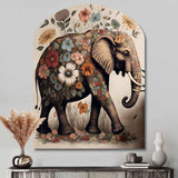 Retro Elephant Surrounded By Flowers II - Asymmetric Metal Wall Art