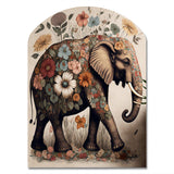 Retro Elephant Surrounded By Flowers II - Asymmetric Metal Wall Art