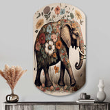 Retro Elephant Surrounded By Flowers II - Asymmetric Metal Wall Art