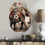 Retro Elephant Surrounded By Flowers II - Asymmetric Metal Wall Art