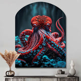 Red Octopus On The Ocean Floor IV - Asymmetric Metal Wall Art