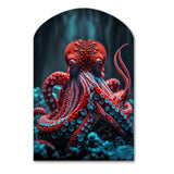 Red Octopus On The Ocean Floor IV - Asymmetric Metal Wall Art