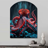 Red Octopus On The Ocean Floor IV - Asymmetric Metal Wall Art