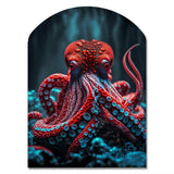 Red Octopus On The Ocean Floor IV - Asymmetric Metal Wall Art