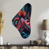 Red Octopus On The Ocean Floor IV - Asymmetric Metal Wall Art