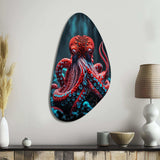 Red Octopus On The Ocean Floor IV - Asymmetric Metal Wall Art