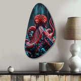 Red Octopus On The Ocean Floor IV - Asymmetric Metal Wall Art