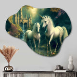 Two Gracious Unicorn In Fantasy Landscape - Asymmetric Metal Wall Art