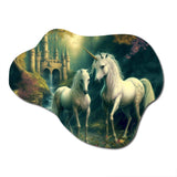 Two Gracious Unicorn In Fantasy Landscape - Asymmetric Metal Wall Art