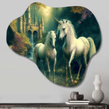 Two Gracious Unicorn In Fantasy Landscape - Asymmetric Metal Wall Art