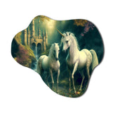 Two Gracious Unicorn In Fantasy Landscape - Asymmetric Metal Wall Art