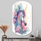 Cute Pastel Unicorn Surrounded By Flowers III - Asymmetric Metal Wall Art