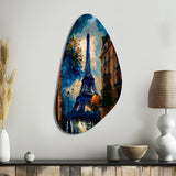 Blue Eiffel Tower In The Autumn - Asymmetric Metal Wall Art