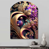 Abstract Ornate Flowers In Purple And Gold II - Asymmetric Metal Wall Art