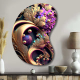 Abstract Ornate Flowers In Purple And Gold II - Asymmetric Metal Wall Art