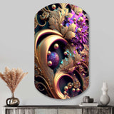 Abstract Ornate Flowers In Purple And Gold II - Asymmetric Metal Wall Art