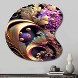 Abstract Ornate Flowers In Purple And Gold II - Asymmetric Metal Wall Art