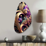 Abstract Ornate Flowers In Purple And Gold II - Asymmetric Metal Wall Art