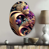 Abstract Ornate Flowers In Purple And Gold II - Asymmetric Metal Wall Art