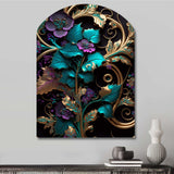 Abstract Ornate Flowers In Purple And Gold III - Asymmetric Metal Wall Art